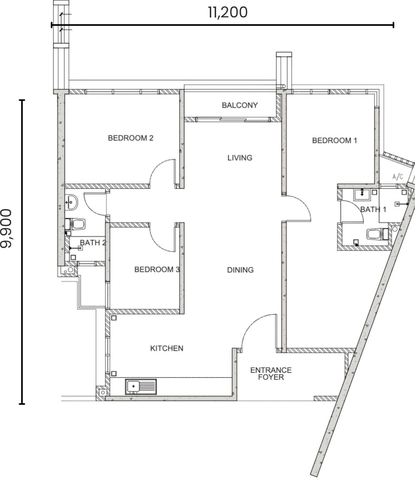 Eight & Eight Type B floor plan, 1,020 sq.ft