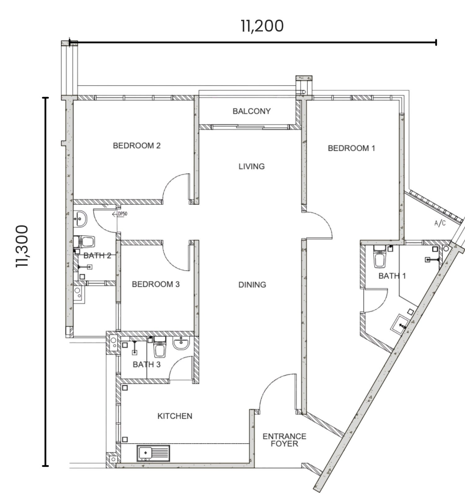 Eight & Eight Type C floor plan, 1,140 sq.ft